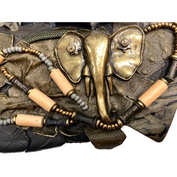80s Salena's Collection Wide Leather Belt w Brass Elephant - Picture 1 of 15